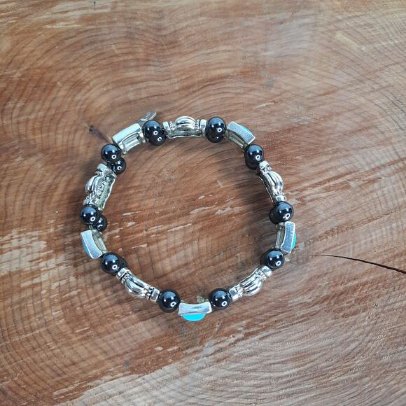 Magnetic Stretch Bracelet Silver Tone, Hematite,‎ Teal Cabochons - Picture 5 of 7